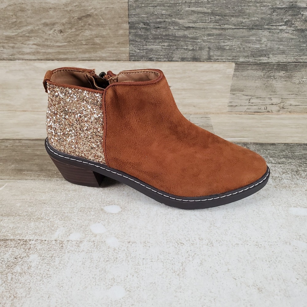 Sam Edelman Pryce Kids Ankle Boots Sz‎ 3 C Tan Brown Suede Side Zipper Glitter